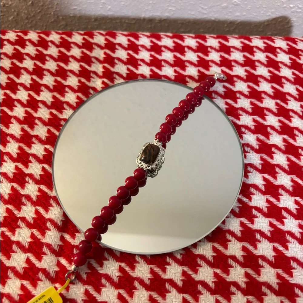 Elegant Red Quartzite Beaded Necklace with Coffee Obsidian and Silver Accents - Picture 3 of 11